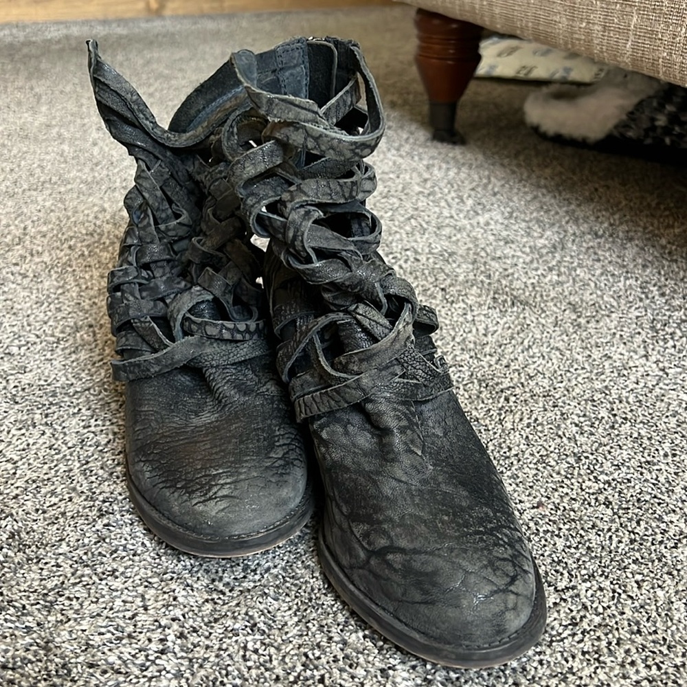 Free People charcoal weaved distressed booties